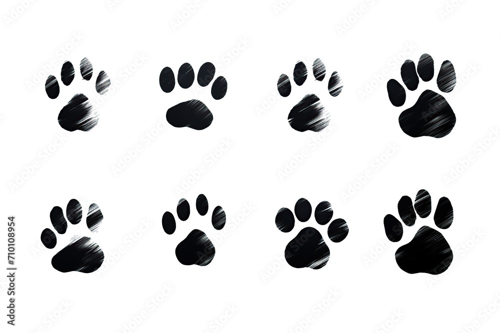 Illustration of black silhouette of a cat paw prints on white background