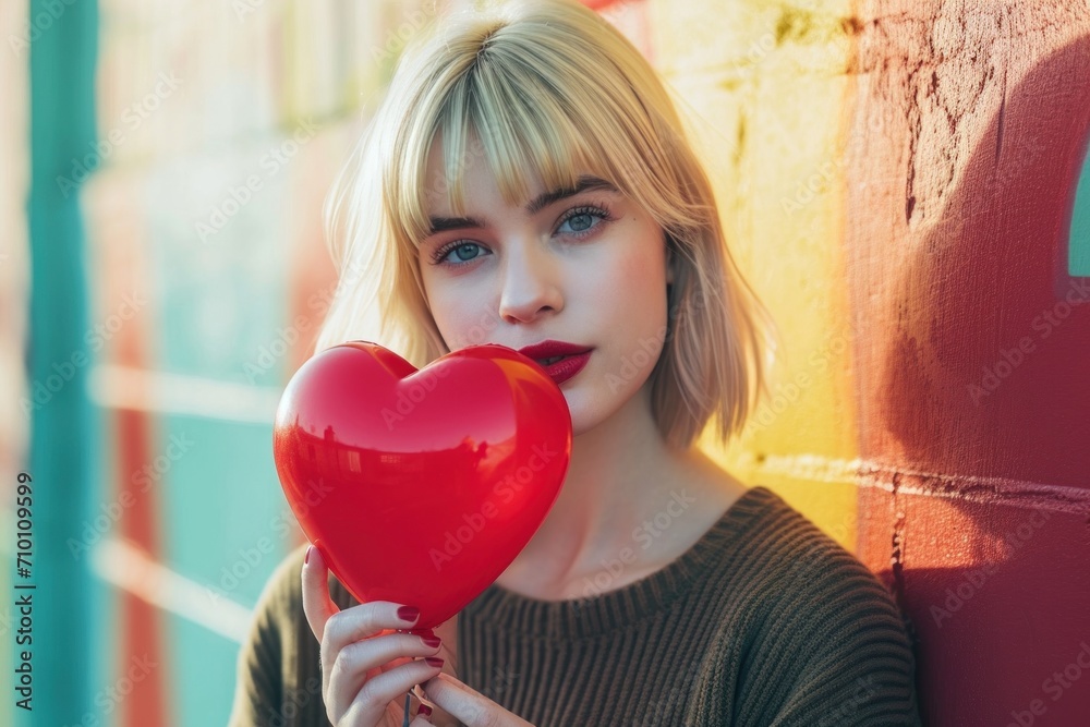 dreamy atmosphere of Valentine's Day with the girl holding a big red heart, creating a romantic and enchanting scene dreamy atmosphere of Valentine's Day with the girl holding a big red heart, creating a romantic and enchanting scene