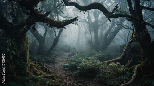 A mist-covered ancient forest landscape, towering trees with twisted branches, an eerie glow from unseen sources