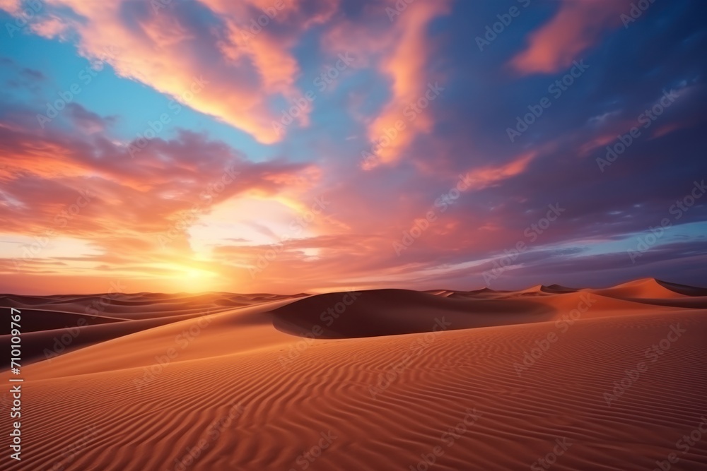 Global warming concept. Lonely sand dunes under dramatic evening sunset sky at drought desert landscape Global warming concept. Lonely sand dunes under dramatic evening sunset sky at drought desert landscape