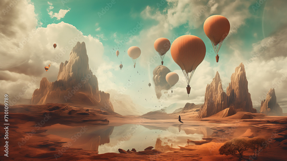A surreal desert landscape with floating islands suspended in the sky ...