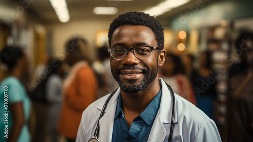 Portrait of an African doctor with glasses in a hospital photo
