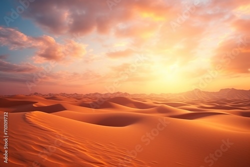 Global warming concept. Lonely sand dunes under dramatic evening sunset sky at drought desert landscape © darshika
