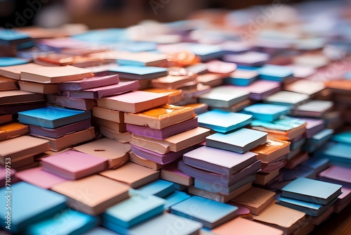 Macro view of neatly arranged notepads in various pastel hues, forming an enticing mosaic photo