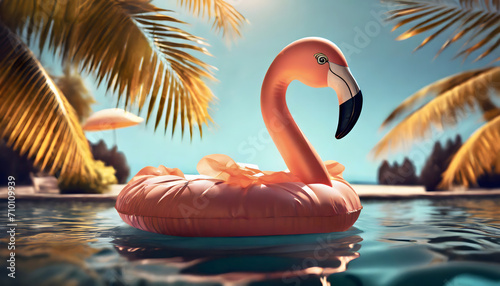 Flamingo, pool, schwimmingpool, reifen, schwimmreifen, close up, palmen, tropisch, wasser, hinetrgrund, peach, fuzz, sonne, reisen, copy space photo