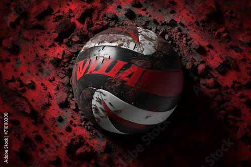 A red and black volleyball on a grunge red and black background photo