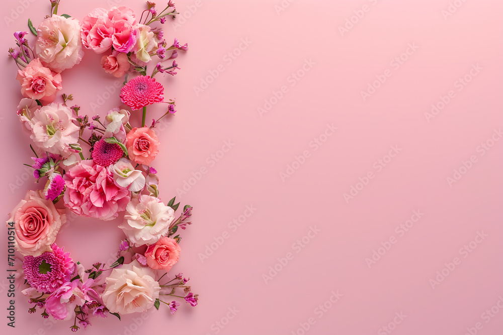 Congratulations on the 8th of March. Number 8 made from flowers on a soft pink background. Copy space. Congratulations on the 8th of March. Number 8 made from flowers on a soft pink background. Copy space.