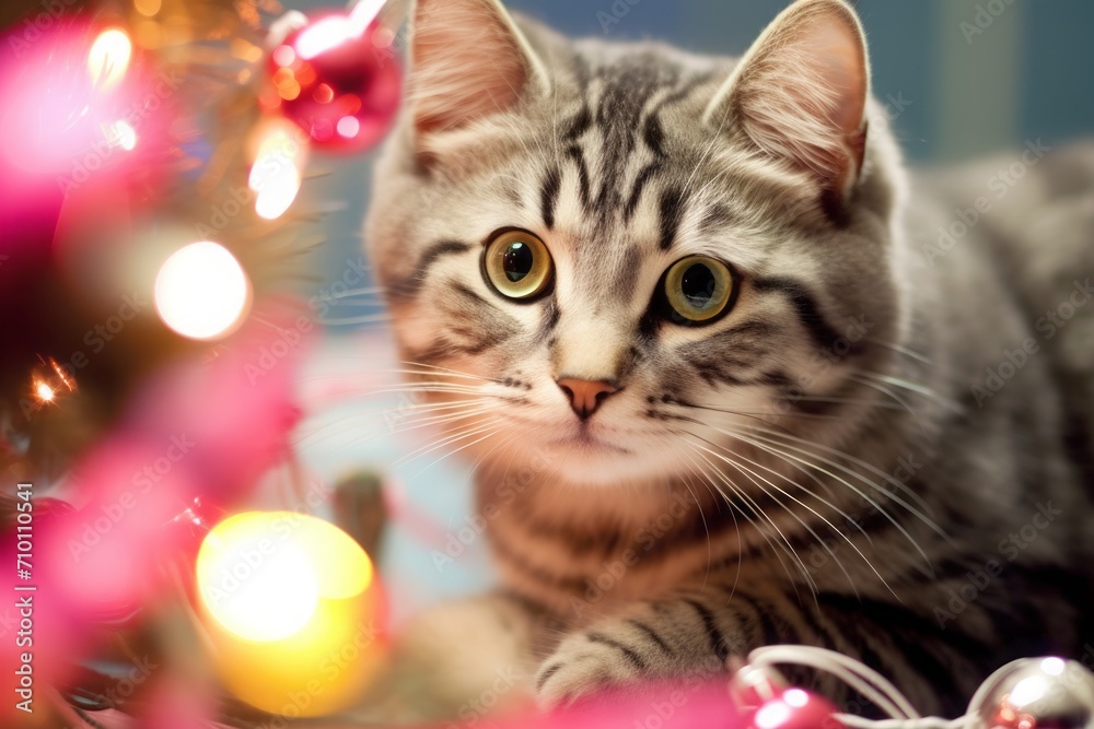 Cute Cat near the New Year tree with decoration. Cat on the background of Christmas lights and bokeh. Merry Christmas. Pets. Portrait Kitten with yellow  eyes. Beautiful kitten close-up.