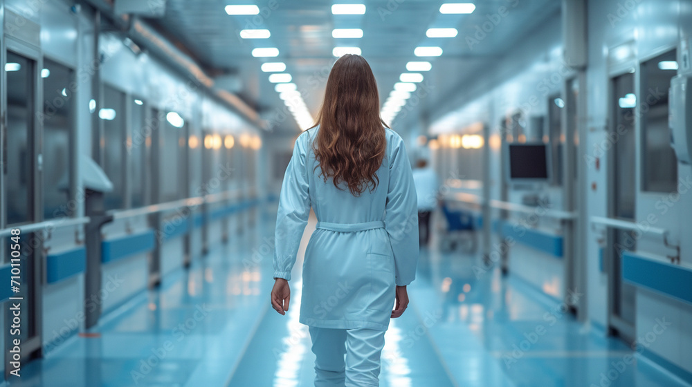 A nurse walking down a hospital corridor - obrazy, fototapety, plakaty 