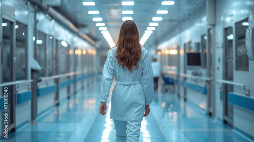 A nurse walking down a hospital corridor