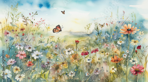 A vibrant spring meadow landscape with wildflowers in full bloom, a clear blue sky overhead, butterflies and bees pollinating the blossoms,