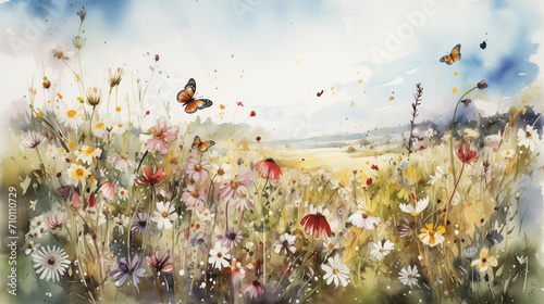 A vibrant spring meadow landscape with wildflowers
