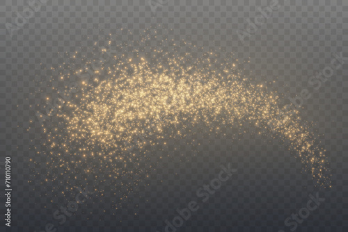 Christmas glowing bokeh confetti light and glitter texture overlay for your design. Festive sparkling gold dust png. Holiday powder dust for cards, invitations, banners, advertising.
