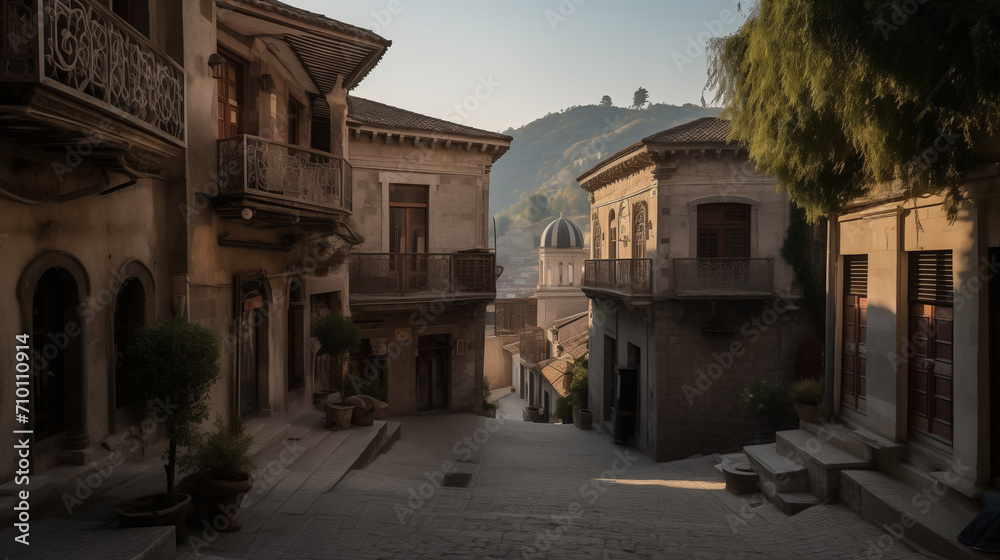 
An ancient cityscape nestled in the mountains, stone buildings with intricate carvings, narrow winding streets