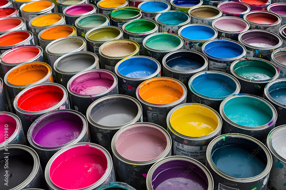 Farbenvielfalt entfesselt: Eine Menge von Farbdosen präsentiert eine bunte Palette kreativer Möglichkeiten, ein inspirierendes Bild des künstlerischen Schaffens
