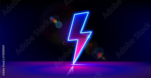 Neon lightning bolt. Thunder flash sign, electrical discharge. Retro neon glowing power sign on black background. 3d vector illustration.