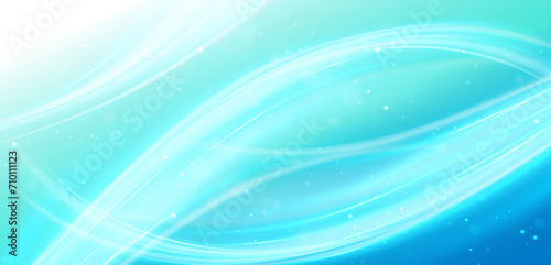 Soft blue curved lines showing air flow, liquid or fresh smell. 3D vector glossy waves.