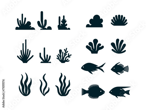 Black and white vector icons of marine life, including algae, shells and fish.