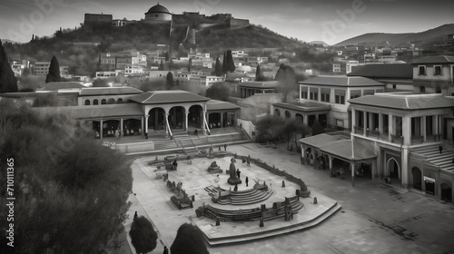 An ancient cityscape nestled in the mountains, stone buildings with intricate carvings, narrow winding streets, a central plaza with a grand fountain