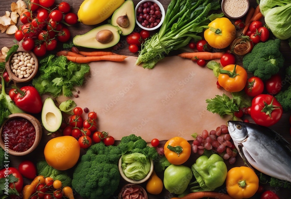 Healthy food frame Fresh fruits vegetables meat and fish on table Healthy food diet and healthy food concept background with copy space Healthy food frame Fresh fruits vegetables meat and fish on table Healthy food diet and healthy food concept background with copy space