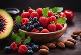 Background healthy food for heart Healthy food diet and life Fresh fruits and vegetables berries and almonds