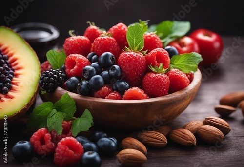 Background healthy food for heart Healthy food diet and life Fresh fruits and vegetables berries and almonds