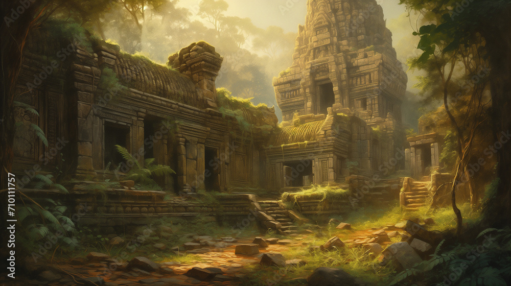 Naklejka premium An ancient temple complex in Angkor Wat, Cambodia, intricate stone carvings and lush vegetation, the warm golden light of sunrise casting a mystical ambiance, capturing the historical and spiritual