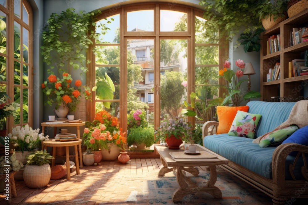 Living room with large French windows overlooking the garden, summer time, cozy living room in pastel colors