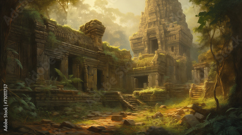 An ancient temple complex in Angkor Wat, Cambodia, intricate stone carvings and lush vegetation, the warm golden light of sunrise casting a mystical ambiance, capturing the historical and spiritual photo