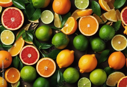 Citrus fruits background Assorted fresh citrus fruits with leaves Orange grapefruit lime lemon on table Healthy lifestyle concept