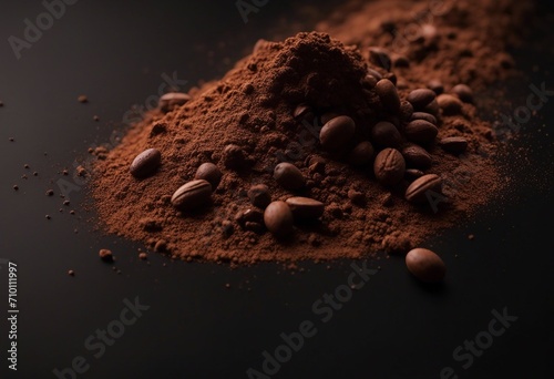 Cocoa powder sifting isolated on black background Chocolate dust with beans on black background photo