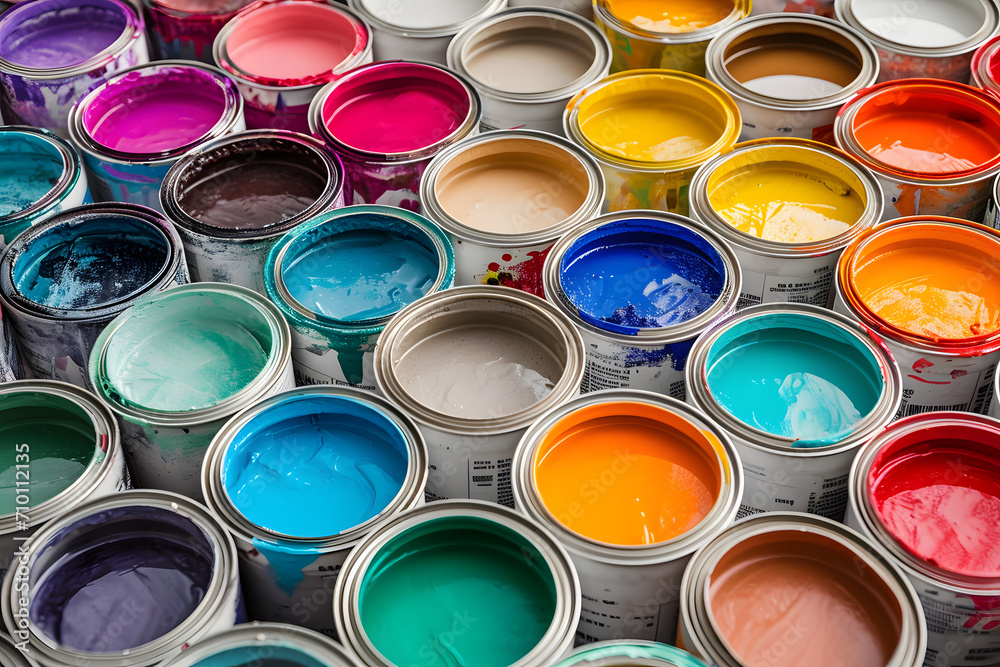 Fototapeta premium Farbenvielfalt entfesselt: Eine Menge von Farbdosen präsentiert eine bunte Palette kreativer Möglichkeiten, ein inspirierendes Bild des künstlerischen Schaffens