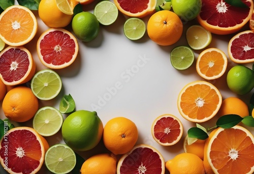 Fresh citrus fruits frame mock up Orange grapefruit lemon lime tangerine Assorted fresh citrus fruits with copy space in center