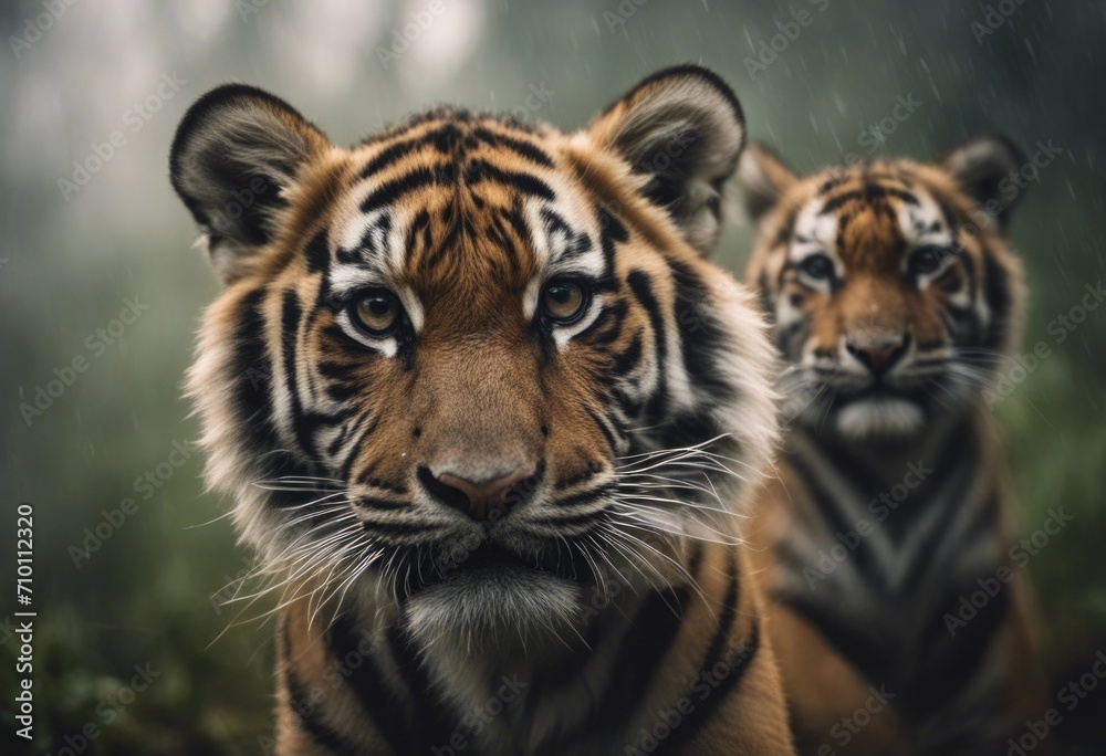 Fototapeta premium AI generated illustration of majestic tigers gracefully strolling together amidst lush green jungle