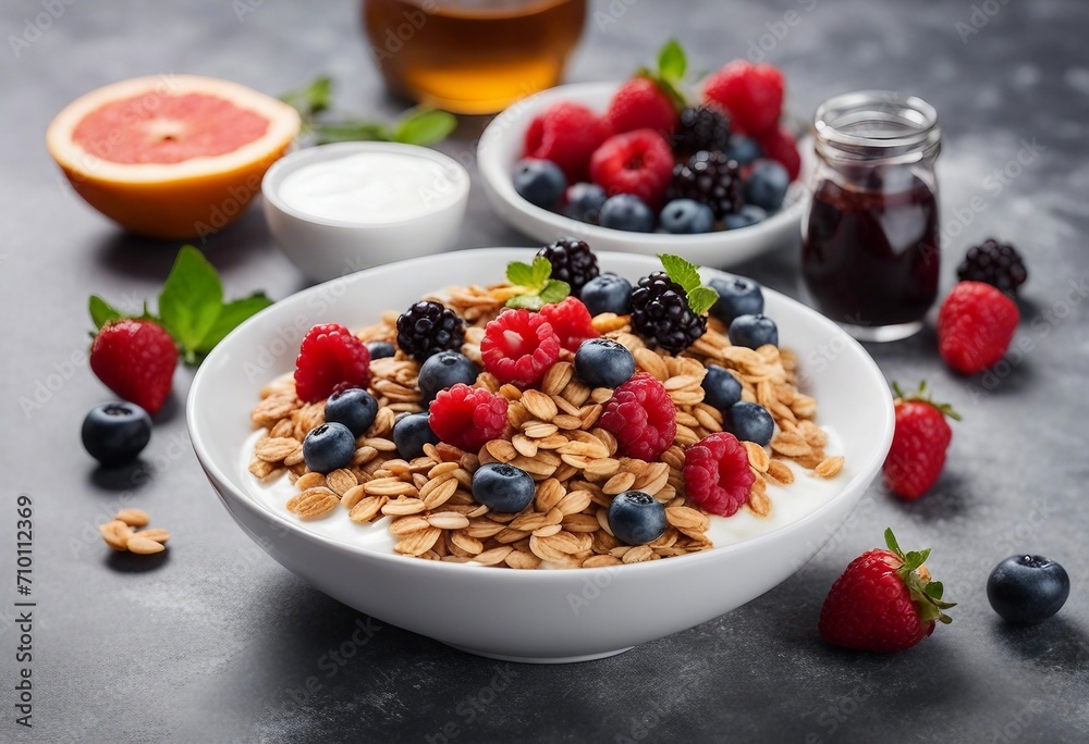 Granola for breakfast with berries and yogurt on grey stone background Healthy eating oatmeal Nutrition and health benefits of smooties for breakfast Granola for breakfast with berries and yogurt on grey stone background Healthy eating oatmeal Nutrition and health benefits of smooties for breakfast