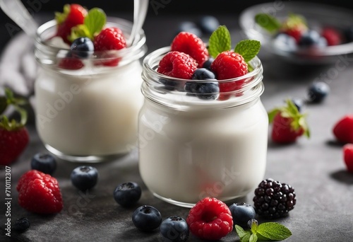Fresh yogurt with berries in glass jars Healthy food diet and breakfast Dairy products close up