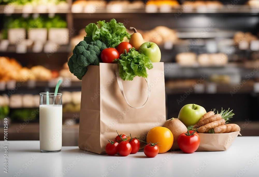 Healthy food background Healthy food in paper bag bread milk vegetables and fruits with blurred store shelves in background Healthy food background Healthy food in paper bag bread milk vegetables and fruits with blurred store shelves in background