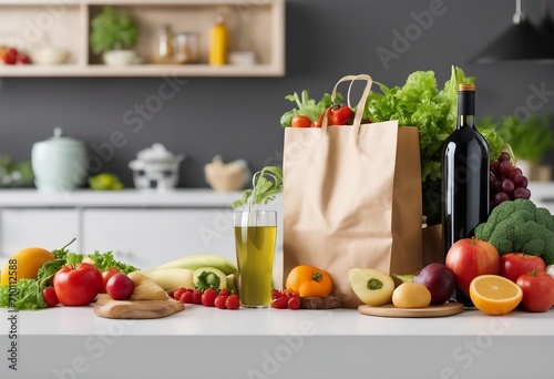 Healthy food meal preparation ingredients purchase Vegetables fruits and olive oil ready in kitchen for deliciuos recipe preparation photo