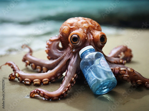 An octopus holding a plastic bottle.. © Art