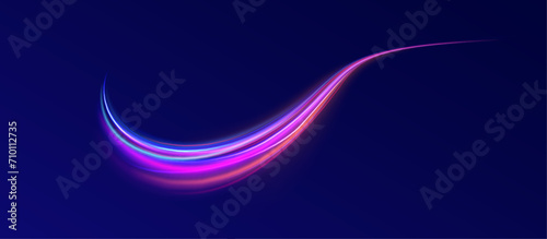Big data traffic visualization, dynamic high speed data streaming traffic. Neon color glowing lines background, high-speed light trails effect. Purple glowing wave swirl, impulse cable lines. 