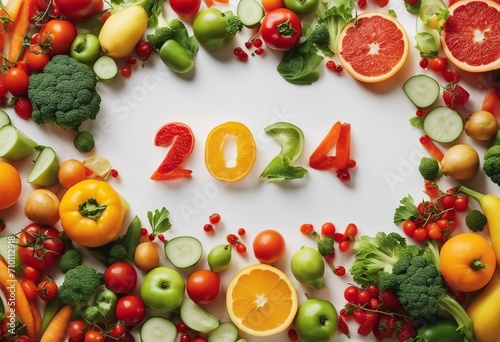 New year food trends New Year 2024 made of vegetables fruits and fish on white background Vegan life style Healthy nutrition diet