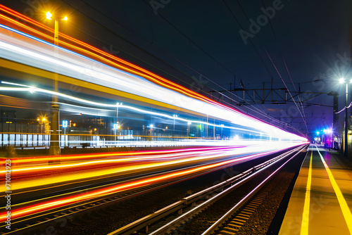 Lichtspuren der Mobilität: Ein langzeitbelichteter Blick auf einen Bahnhof, mit faszinierenden Lichtstreifen von vorbeifahrenden Zügen, eine dynamische Nachtansicht der modernen urbanen Mobilität