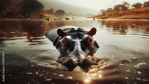 Hippo at dawn: A serene morning in the African wilderness photo