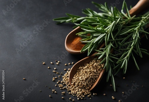 Rosemary with beans on dark background Herbs and spices Top view and copy space for your recipe