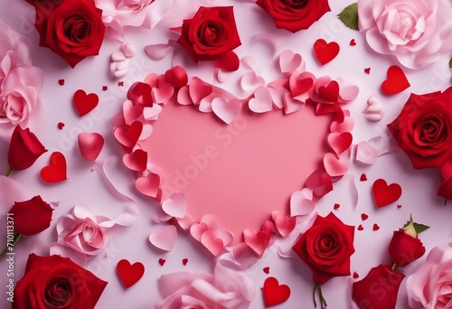 Valentines background with red heart and roses Heart shape from rose petals Valentines Day or Anniversary greeting card