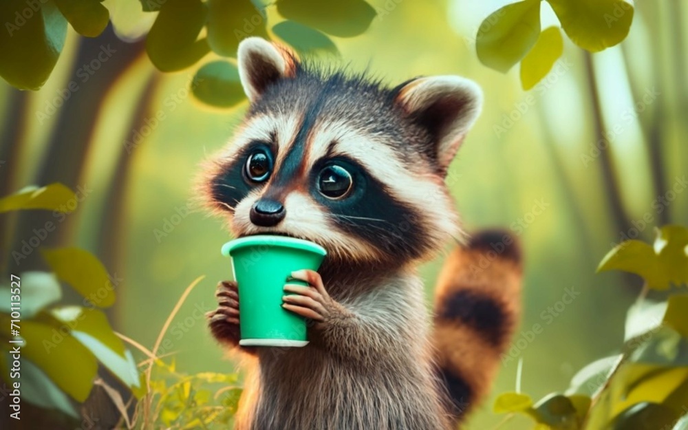 Illustration of a raccoon holding a recyclable cup - obrazy, fototapety, plakaty 