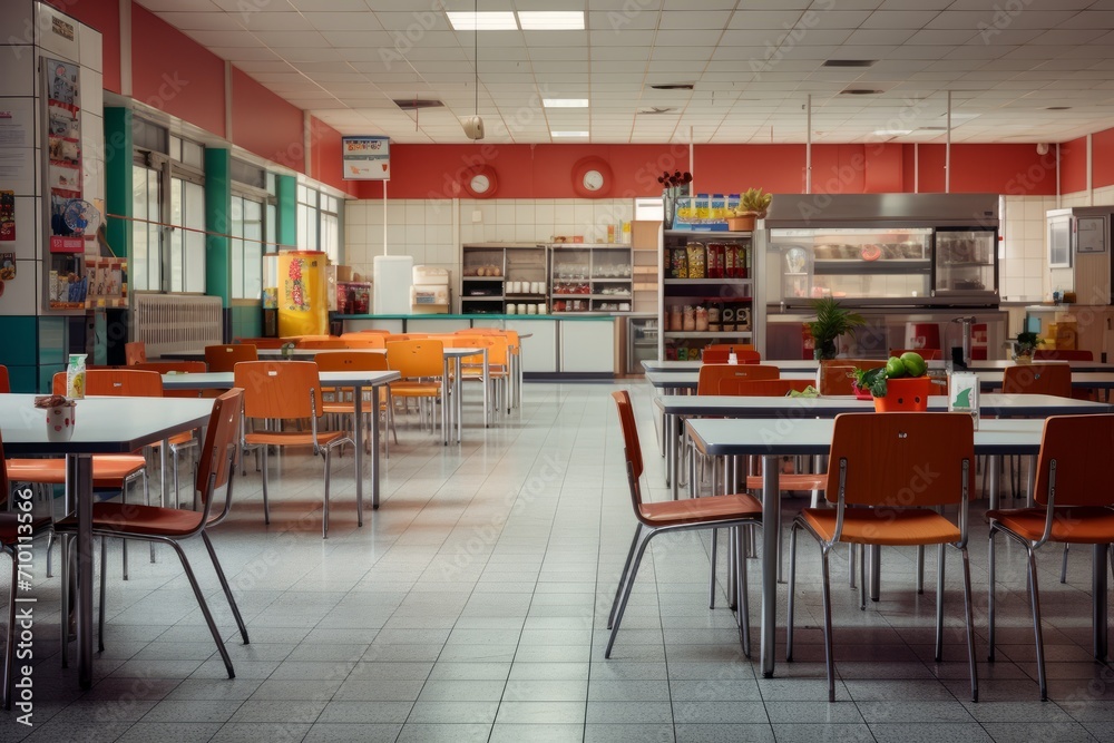 An empty school canteen with large windows and a row of tables and chairs An empty school canteen with large windows and a row of tables and chairs