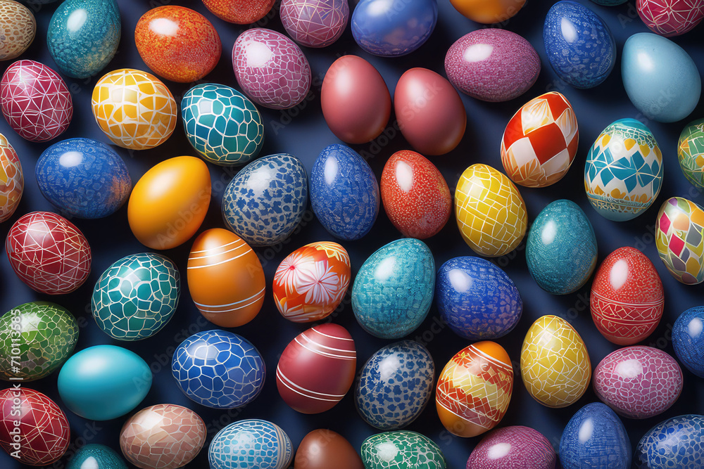 Easter eggs festive decorated as a background with copy space. Generative AI Easter eggs festive decorated as a background with copy space. Generative AI