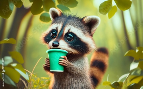 Illustration of a raccoon holding a recyclable cup photo