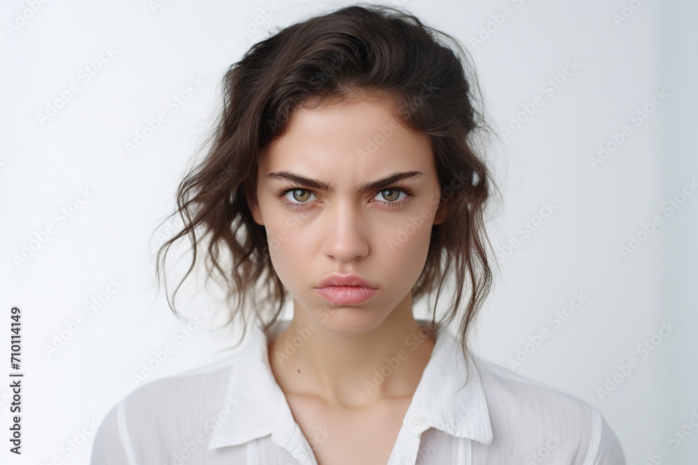 Portrait of young angry woman on white background Portrait of young angry woman on white background